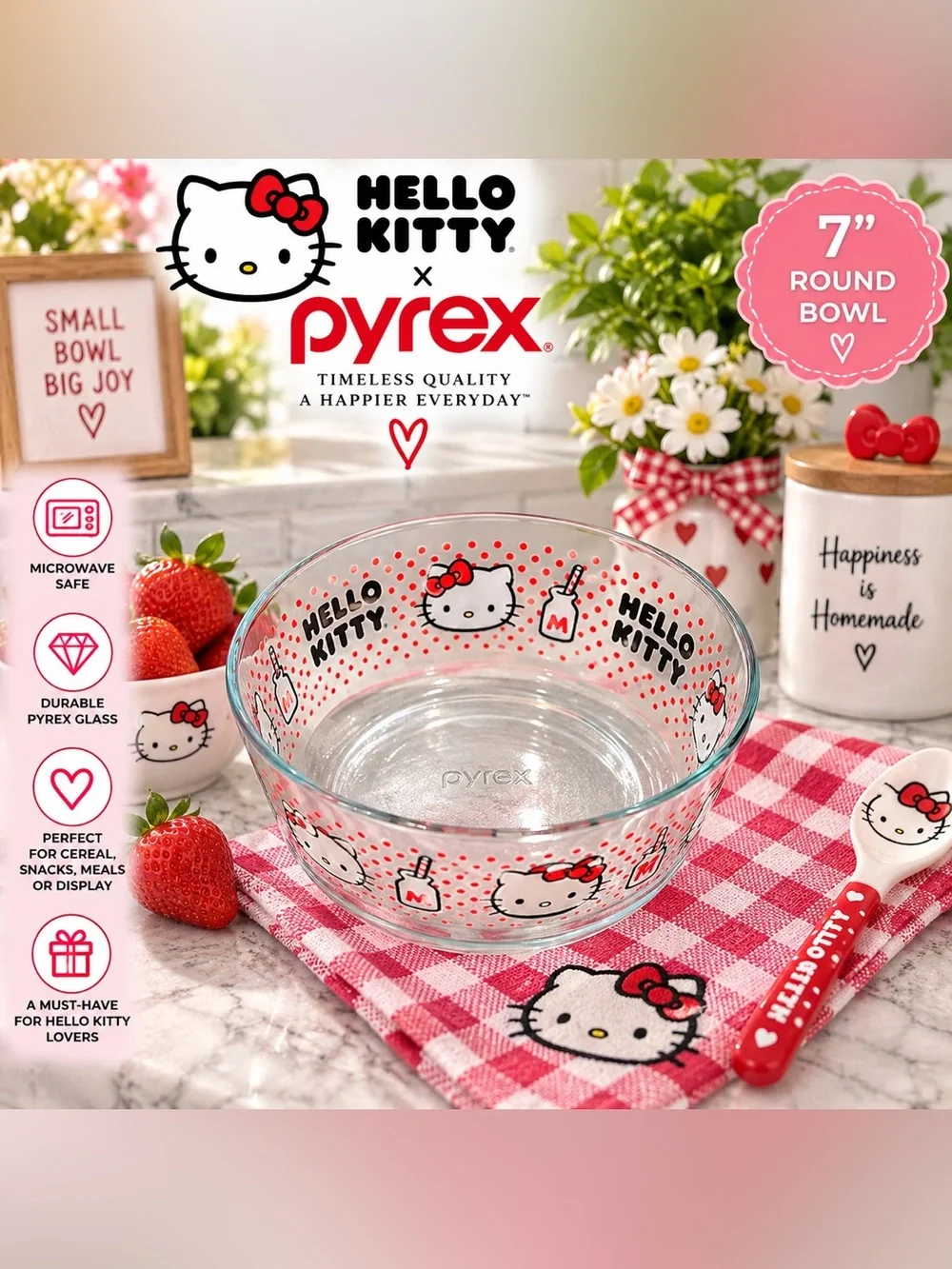 Hello Kitty Pyrex Clear Glass Bowl with Red and Pink Accents